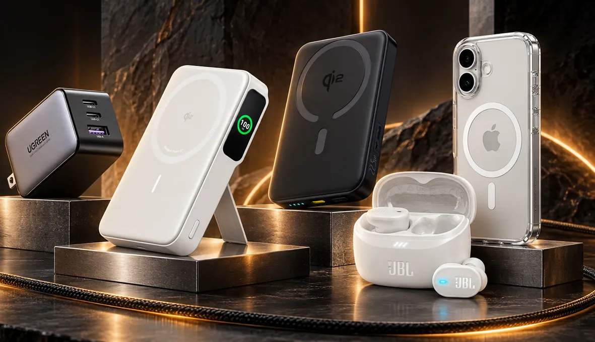 Cargador, power banks, funda y auriculares inalámbricos sobre escalones de piedra oscura con luz ámbar