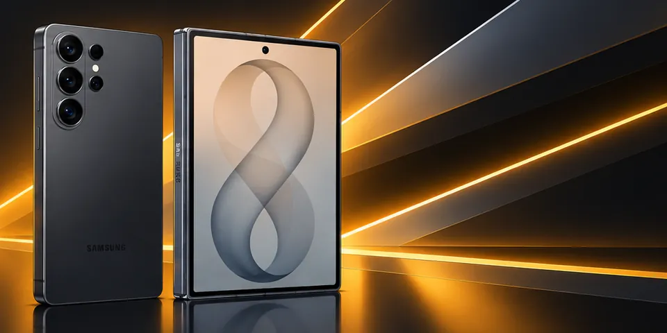 Galaxy S26 Ultra y Galaxy Z Fold 8 sobre un fondo oscuro con haces de luz ámbar