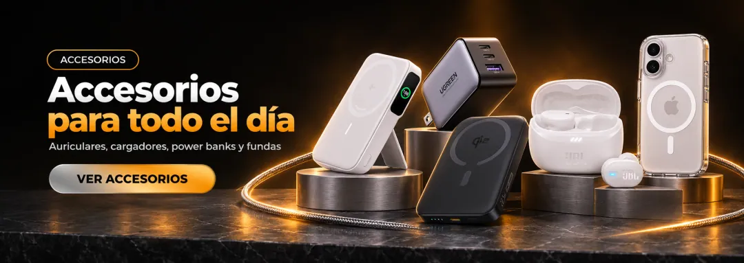 Accesorios para todo el día: auriculares, cargadores, power banks y fundas — Anker, UGREEN, Baseus, JBL y Spigen. Ver accesorios