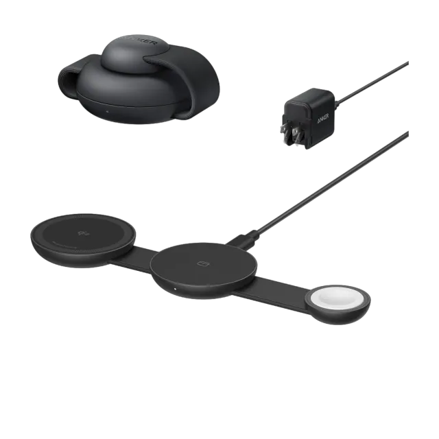 Anker MagGo Wireless Charging Station (3-in-1, Foldable Pad) base inalámbrica 3 en 1 plegable · Qi2 15 W · con cargador — Titanio Tech