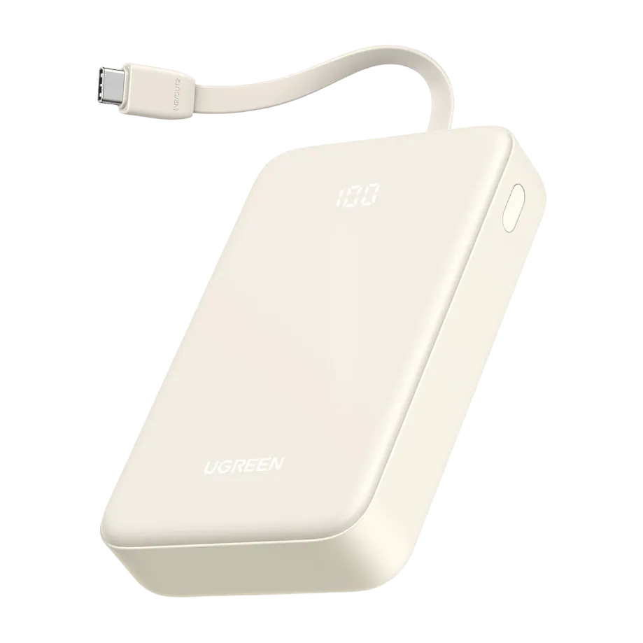 UGREEN Power Bank 20000mAh 22.5W (cabo USB-C embutido) power bank 20.000 mAh · 22,5 W · cabo USB-C embutido · visor — Titanio Tech