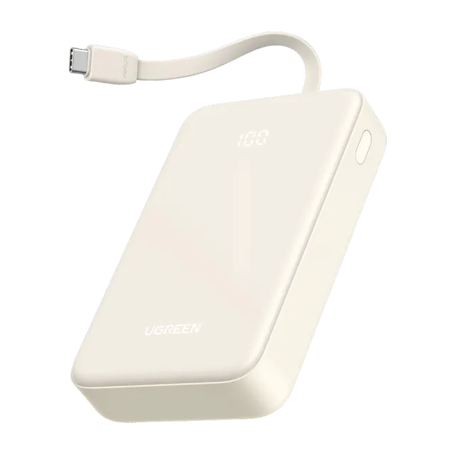 UGREEN Power Bank 20000mAh 22.5W (cable USB-C integrado) power bank 20.000 mAh · 22,5 W · cable USB-C integrado · pantalla — Titanio Tech